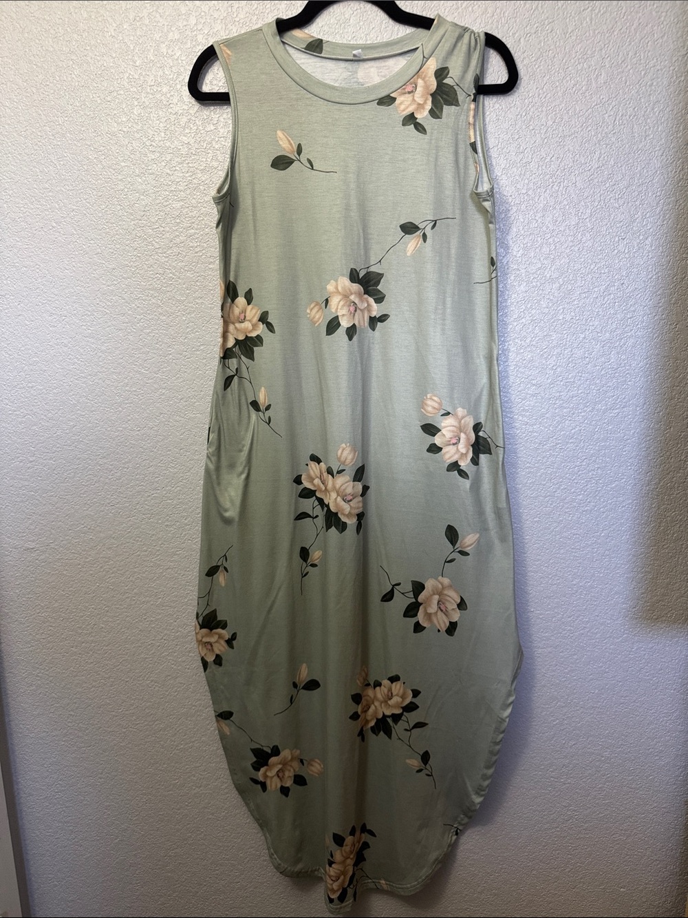 Sleeveless Sage Green Floral Midi Dress